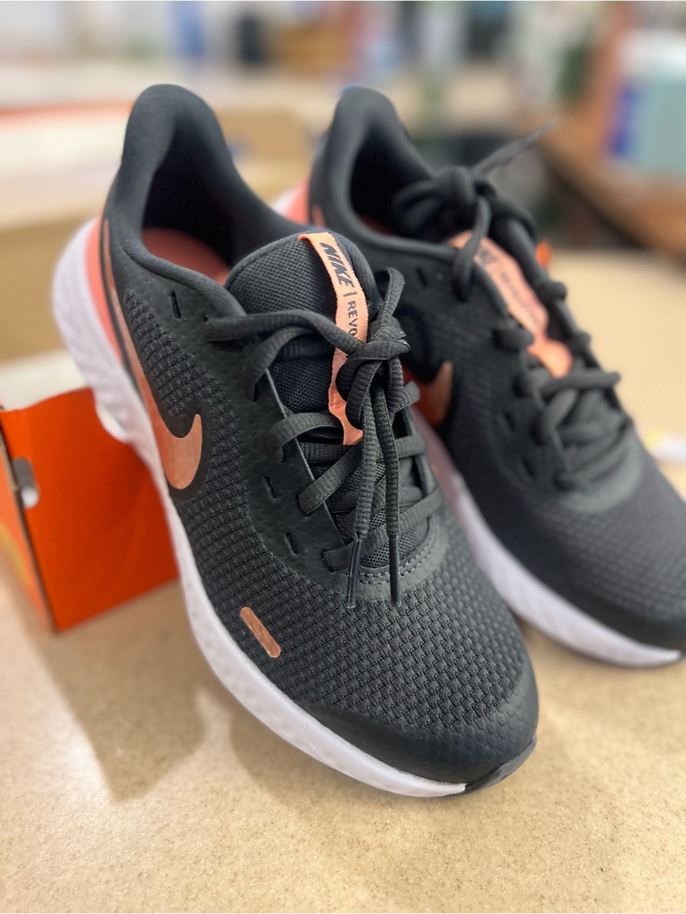 Nike Black Running Shoes w/ Rose Gold Swoosh and Coral Heel Youth 4 or Adult 5.5